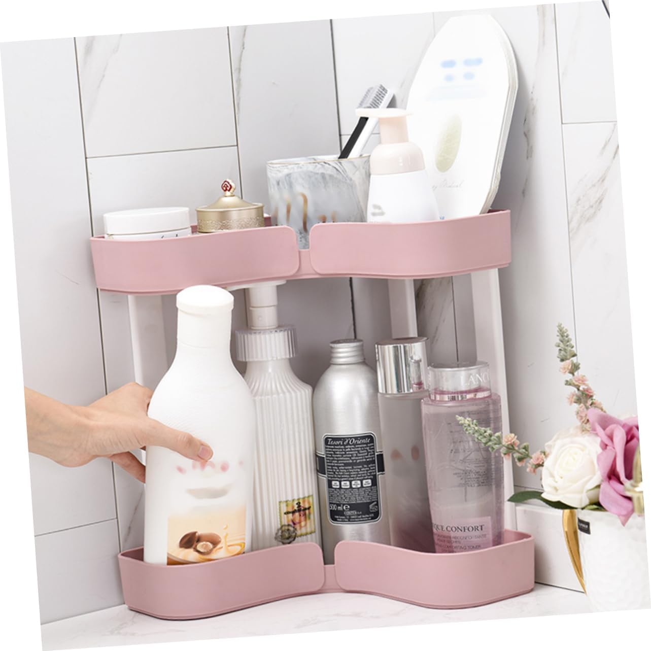 Bathroom Corner Shelf Organizer with Two Plastic Racks Pink