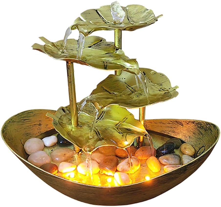 Metallic Gold 4-Tier Tabletop Fountain with Lotus and Ingot Design