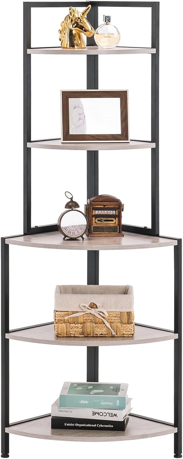 Apicizon 5 Tier Corner Shelf Rustic Grey Industrial Bookcase