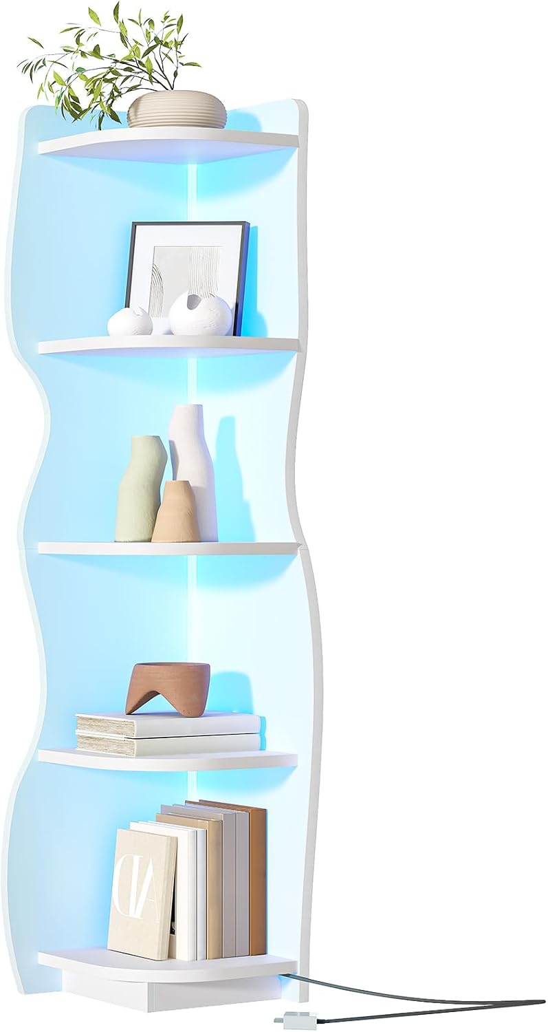 HOOBRO 5-Tier Corner Bookshelf with LED Light