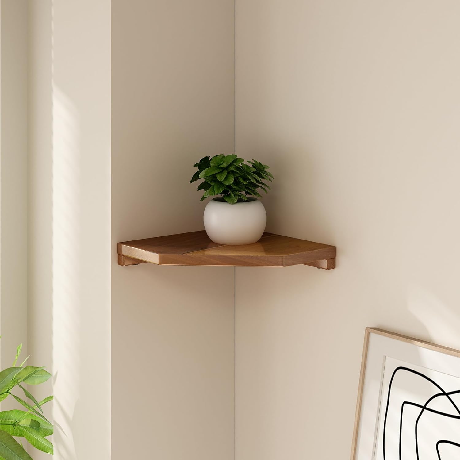 2 Pcs Floating Corner Shelves in Natural Teak