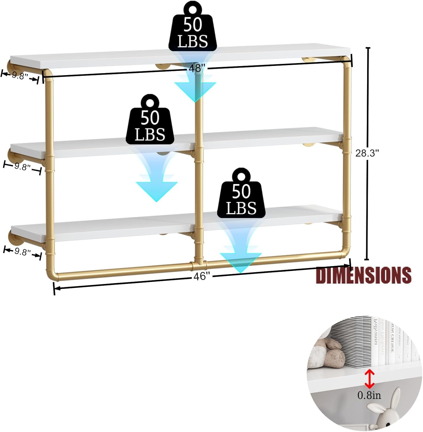 HOMEKAYT 48 Inch 3 Tier Floating Wall Shelves Gold