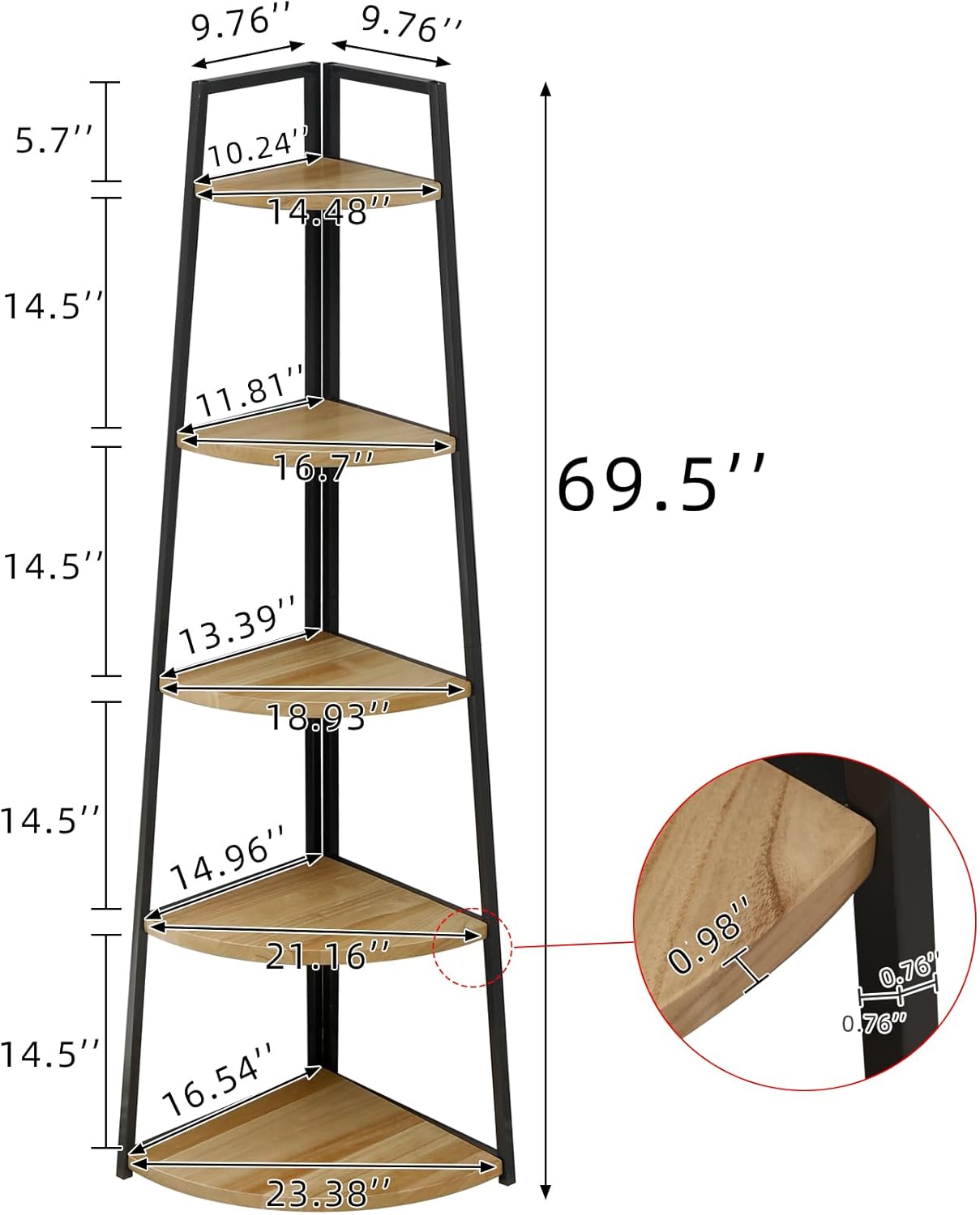 5 Tier Corner Bookshelf Industrial Style Solid Wood Bookcase