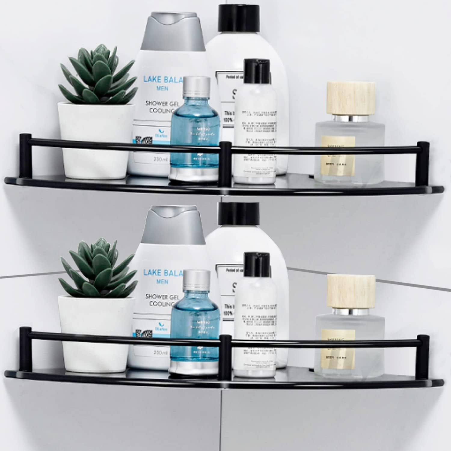 Halyuhn 2 Tier Tempered Glass Shower Caddy with Black Stainless Steel Rail
