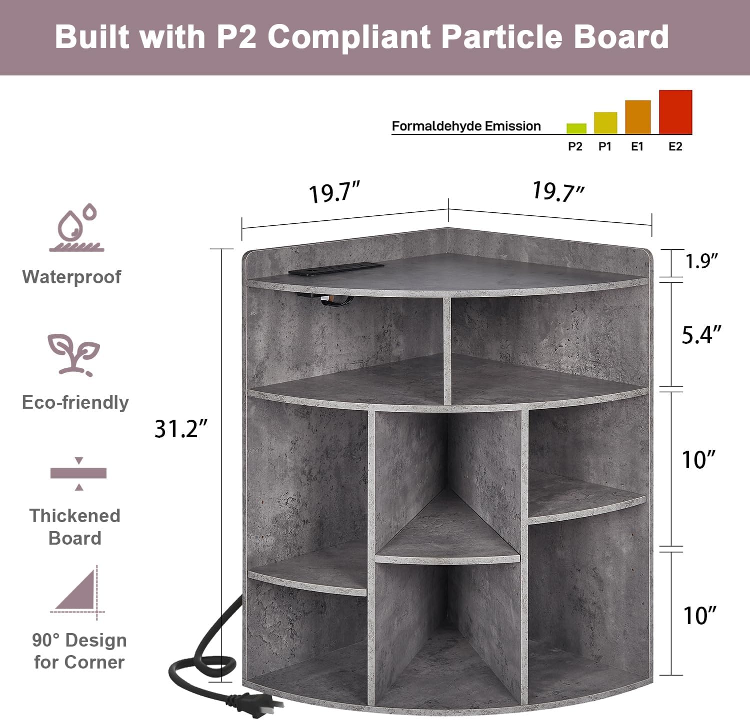 VECELO Corner Cube Shelf with USB and Outlets Gray