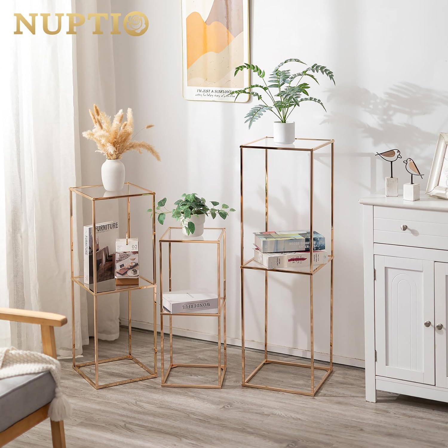 NUPTIO Gold Flower Stand 3 Pcs 2-Layer Tall Pedestal