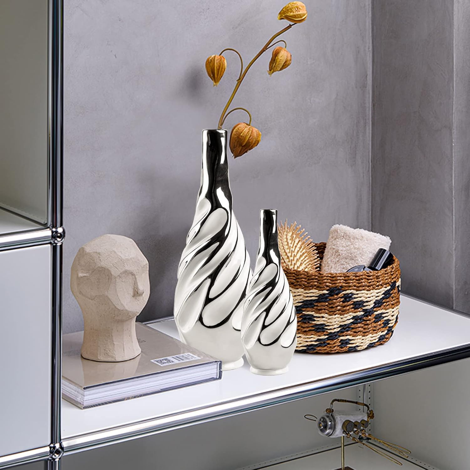 Yundu Ceramic Vase Set of 2 White and Silver Modern Design