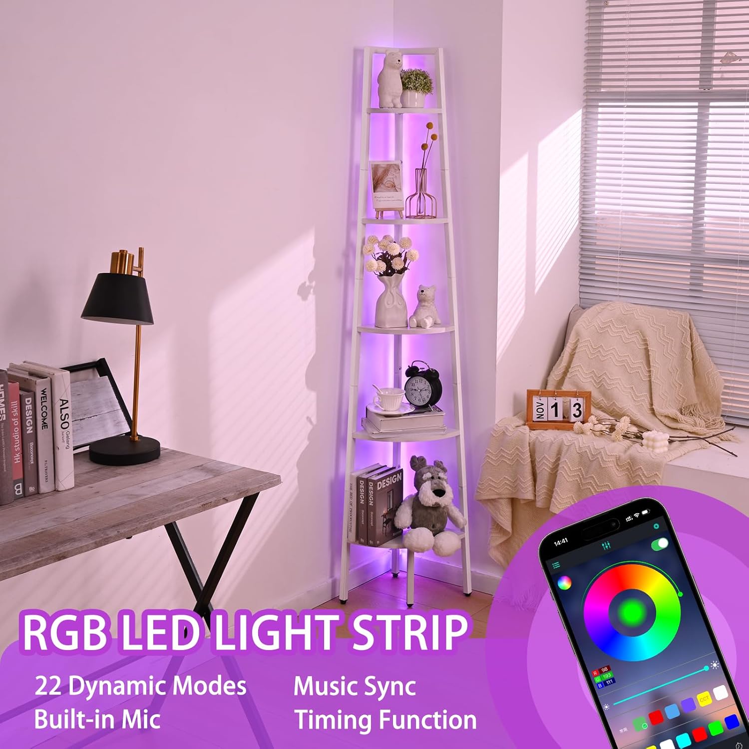 White Corner Shelf with LED Light and Steel Frame