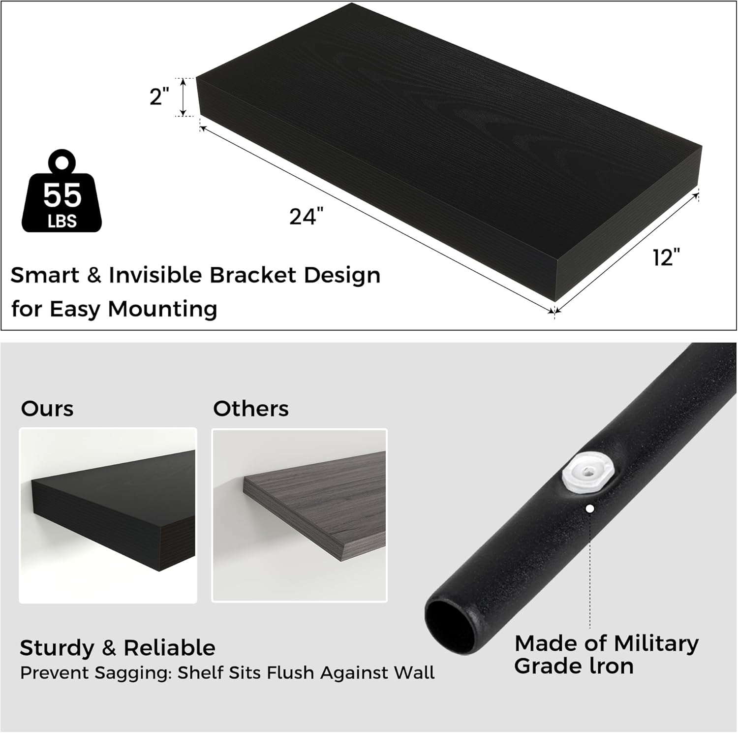 Venusmiles 24 x 12 Black Floating Wall Shelf