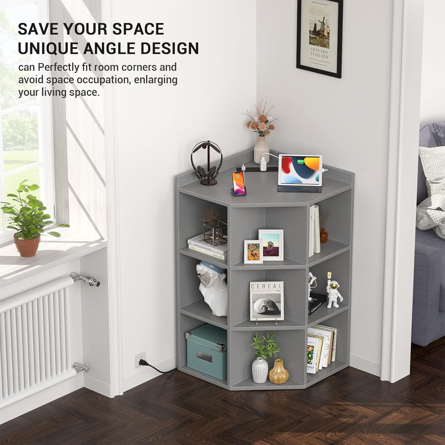 Aheaplus Corner Cabinet with USB and Outlets 9 Cubes Grey