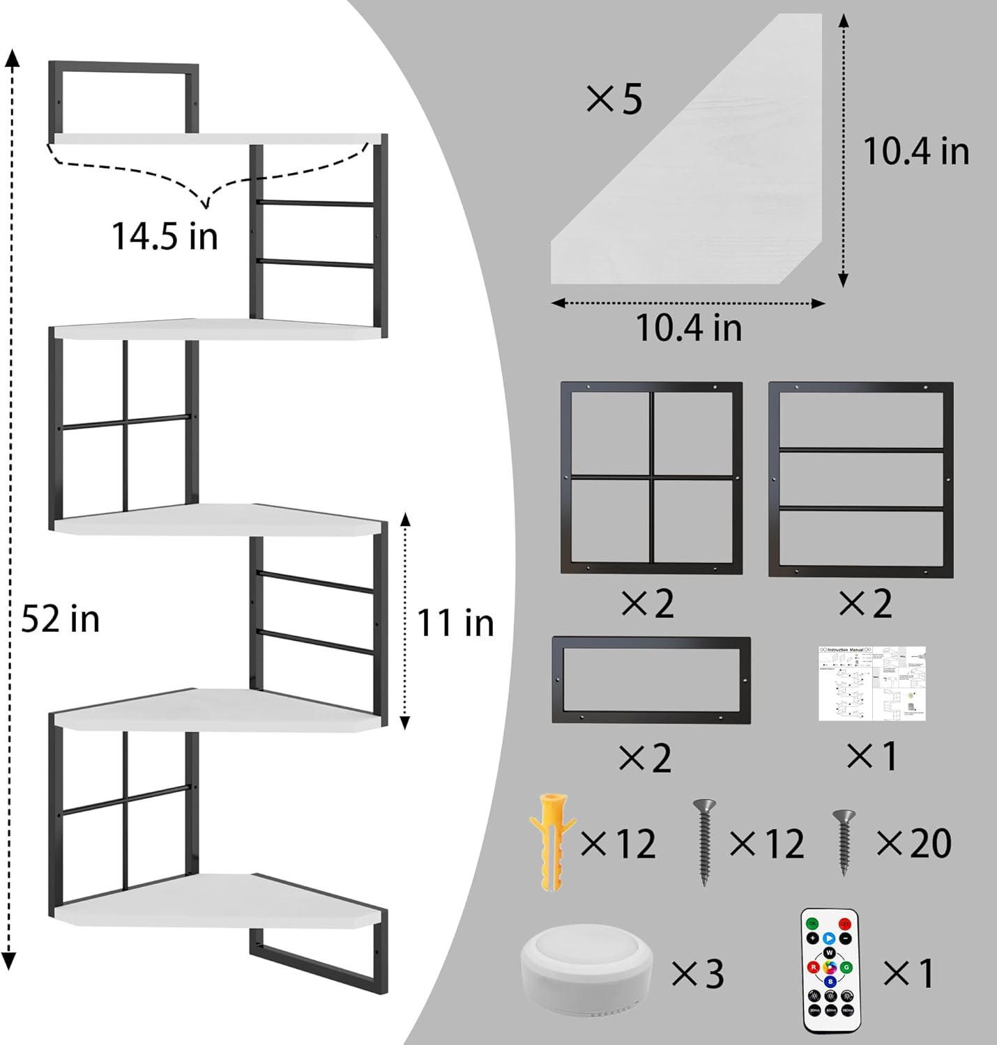 Floating Corner Shelves with Light - 5 Tiers Metal White