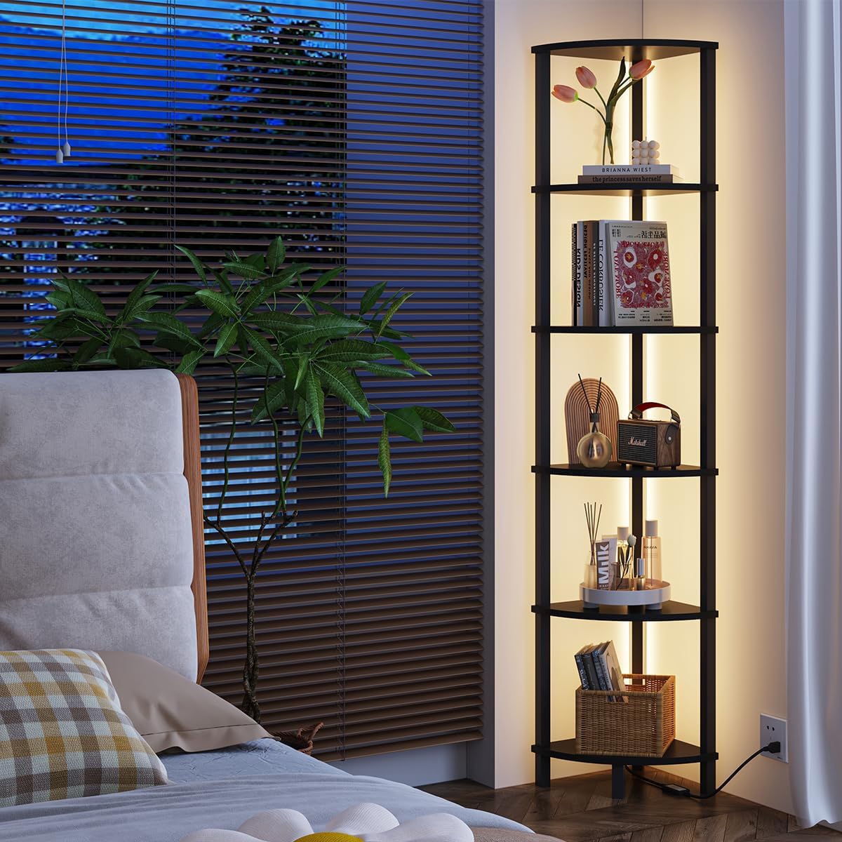 6-Tier Corner Shelf with LED Light Sturdy Black Frame