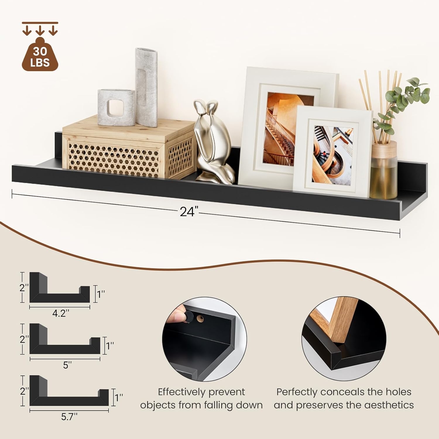 Set of 6 Floating Shelves 24 Inch Wall Mounted Picture Ledge