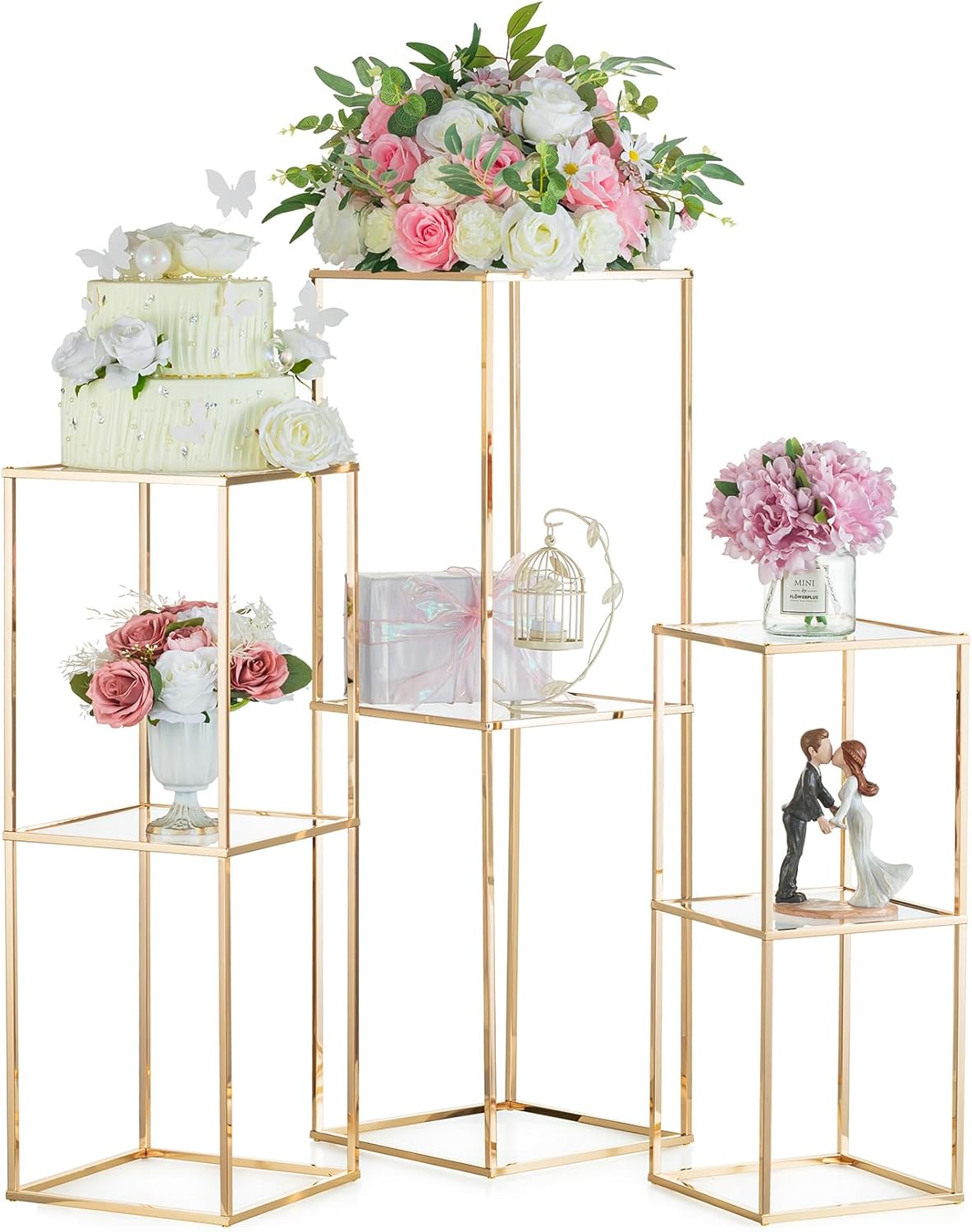 NUPTIO Gold Flower Stand 3 Pcs 2-Layer Tall Pedestal
