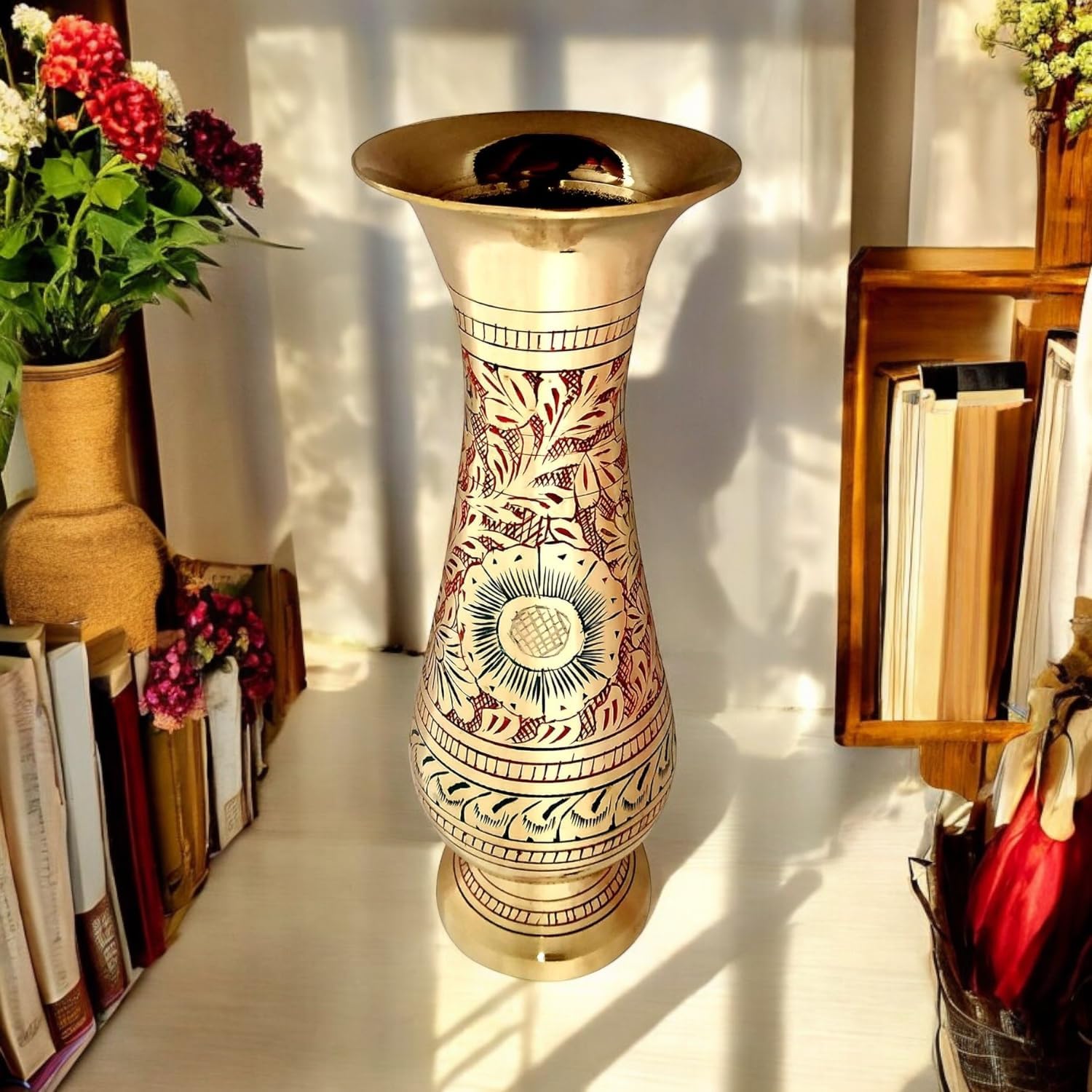 Brass Vase 8 Inches Tall - Handmade Nakkashi Decor