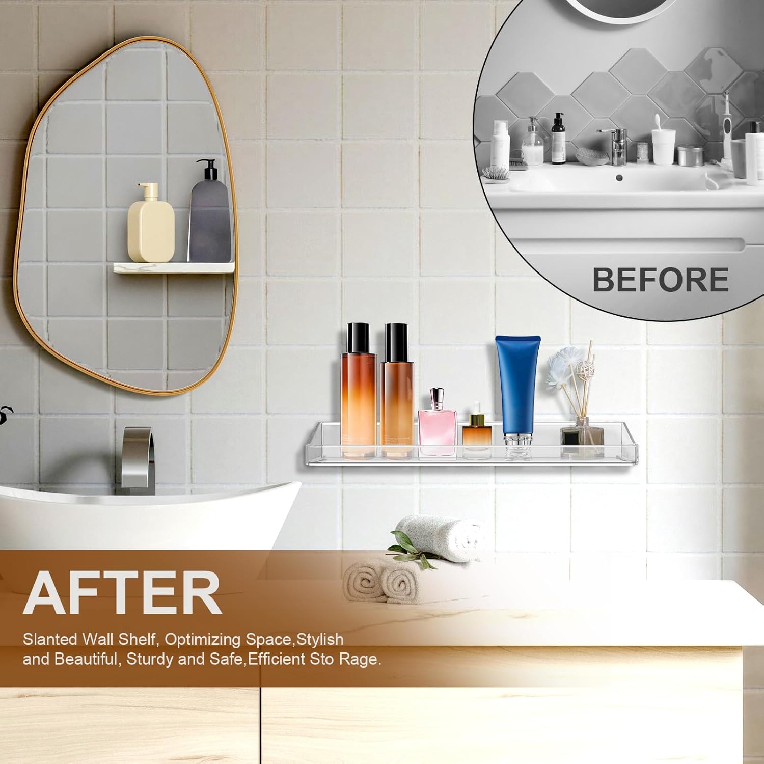 4 Pack Acrylic Shelves for Bathroom Wall with Adhesive No Drilling