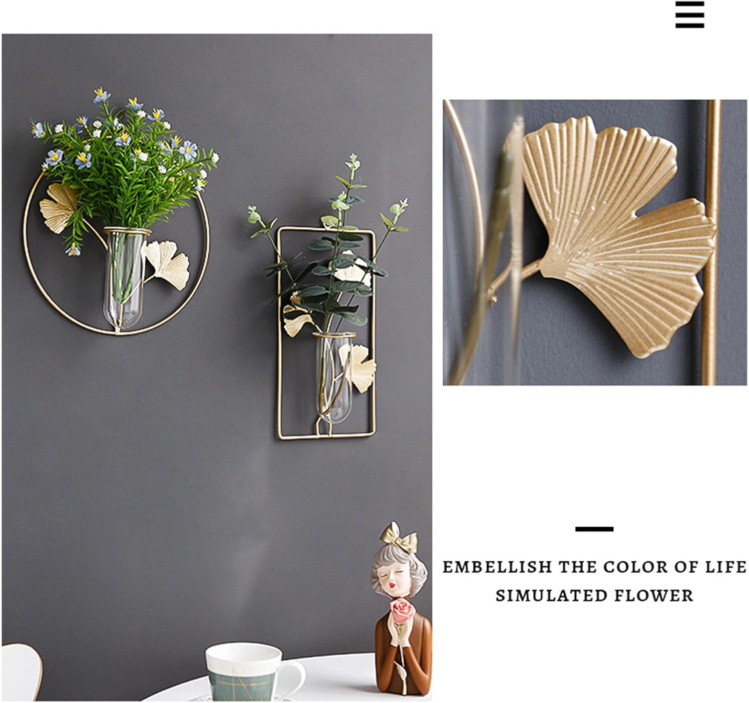 Hanging Gold Wall Decor Glass Vase with Leaf Design