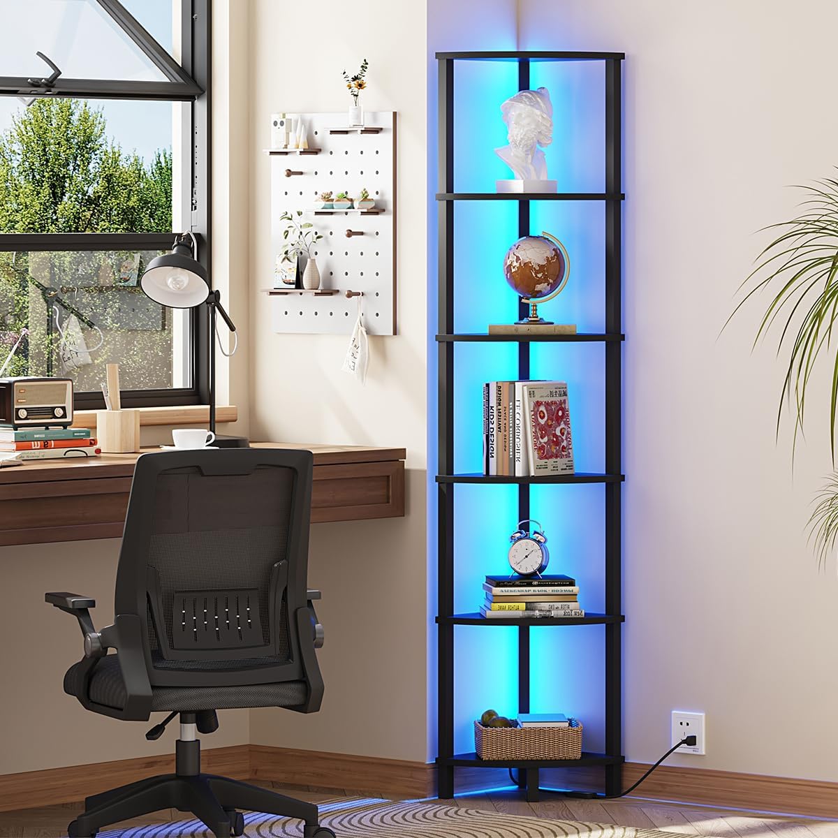 6-Tier Corner Shelf with LED Light Sturdy Black Frame