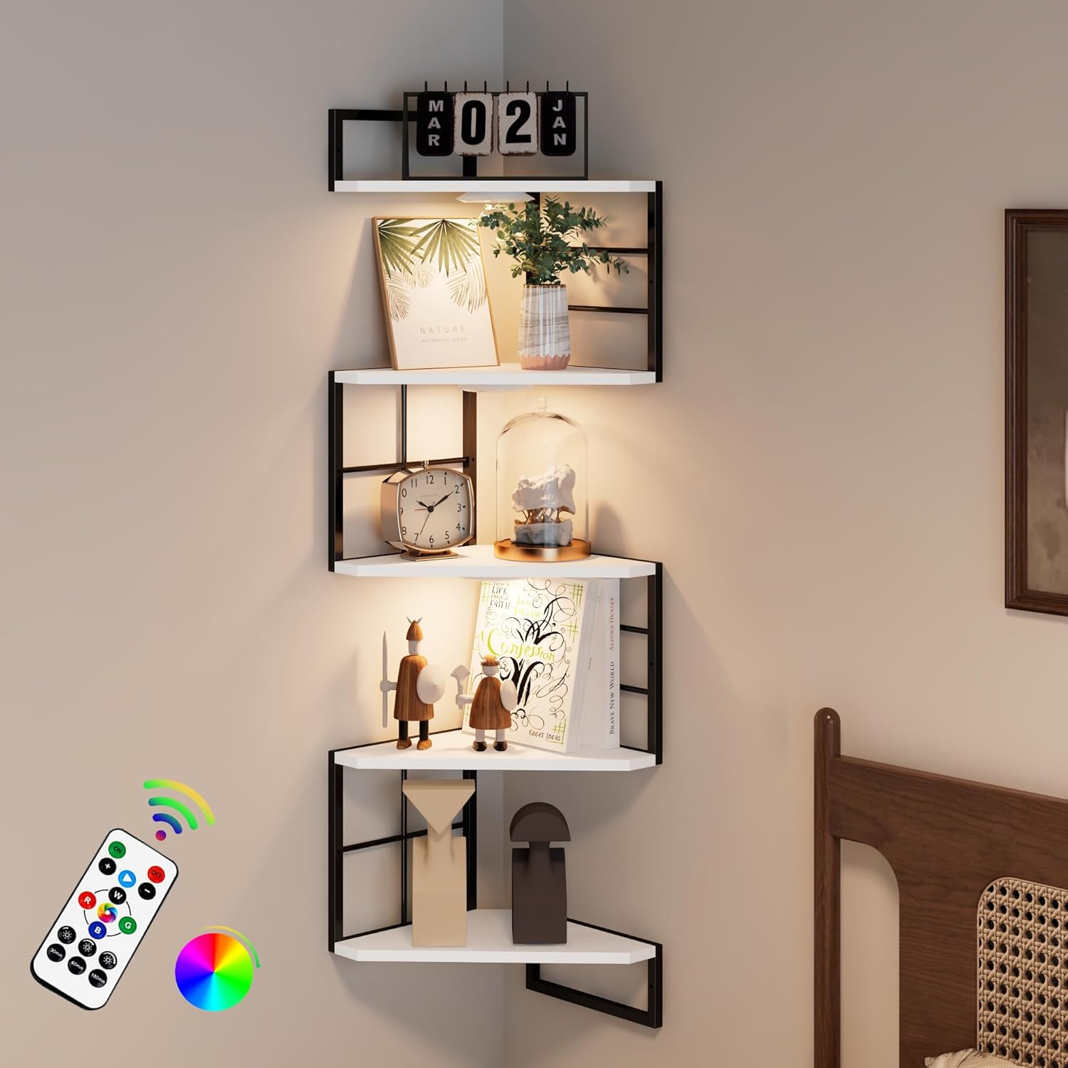 Floating Corner Shelves with Light - 5 Tiers Metal White
