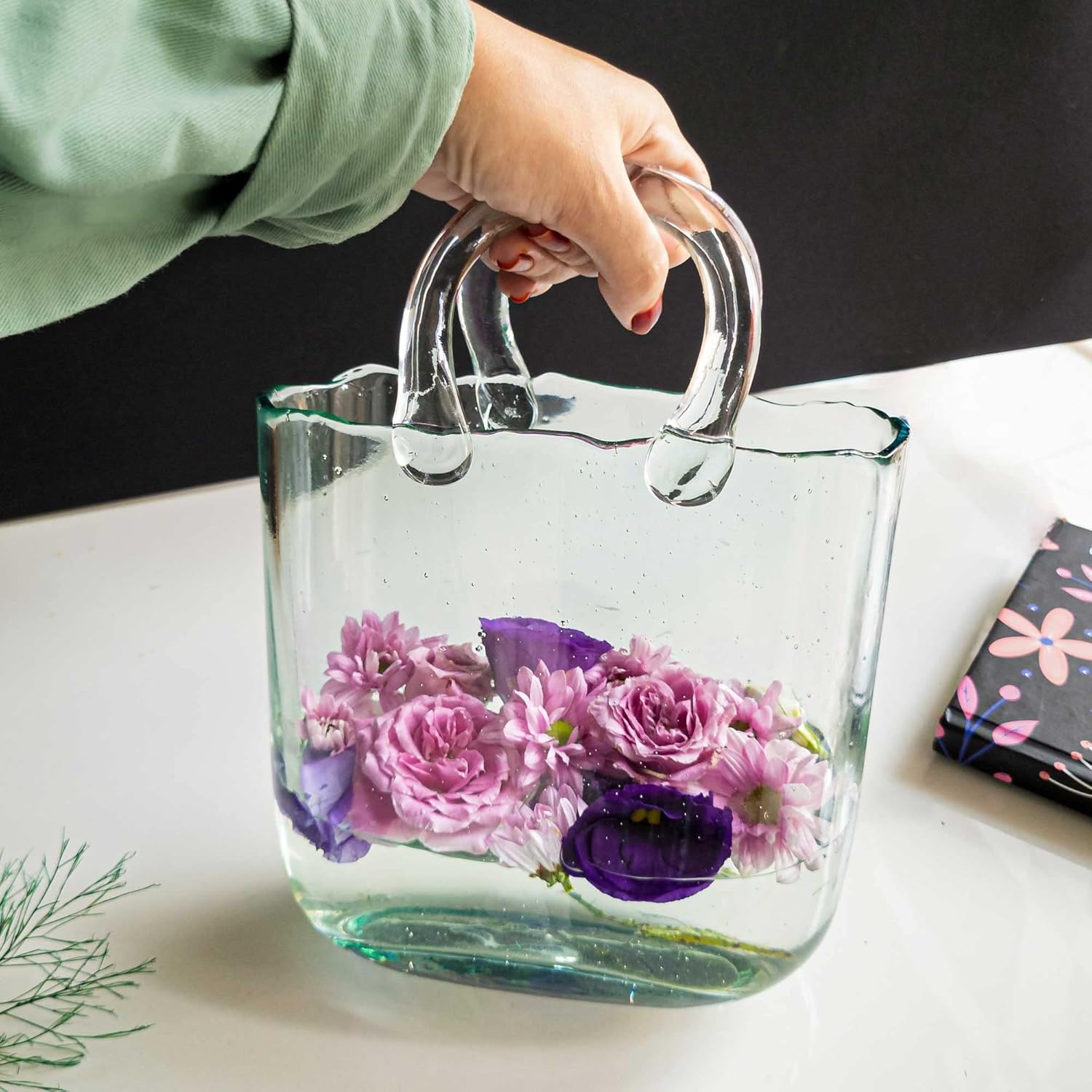 OLEEK Handmade Glass Purse Vase - 10 Inches Blue