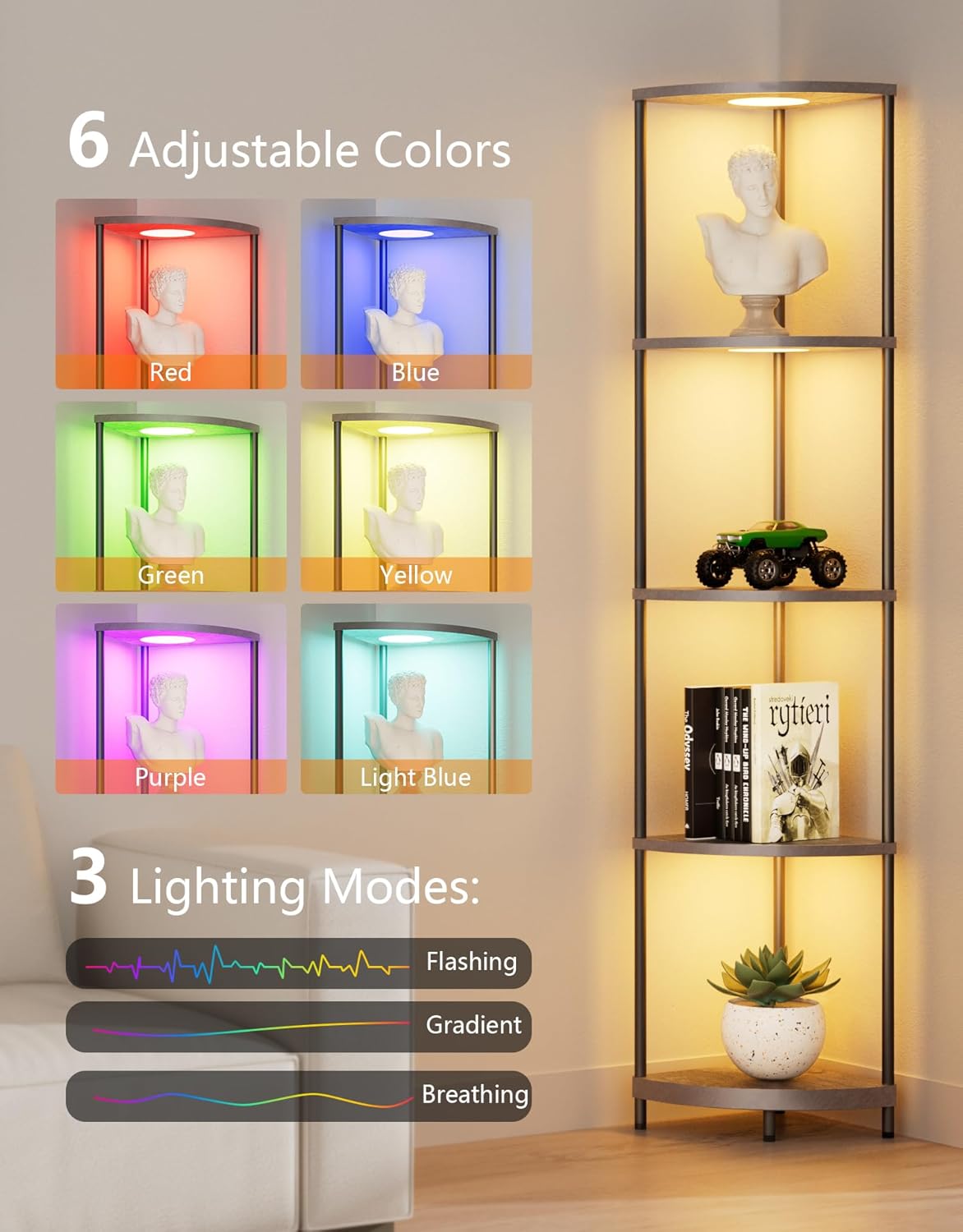 PARTPHONER Corner Shelf with LED Light and Storage