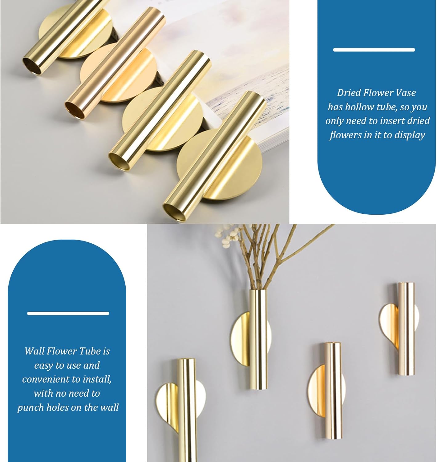 2PCS Wall Mount Vase Tube with Golden Circle Metal Holder