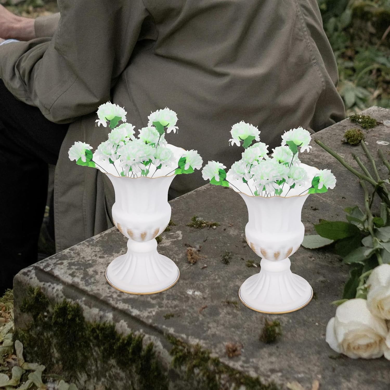 2Pcs Memorial Cemetery Vase Iron Flower Pot Urn Planter White 629x492x492inch