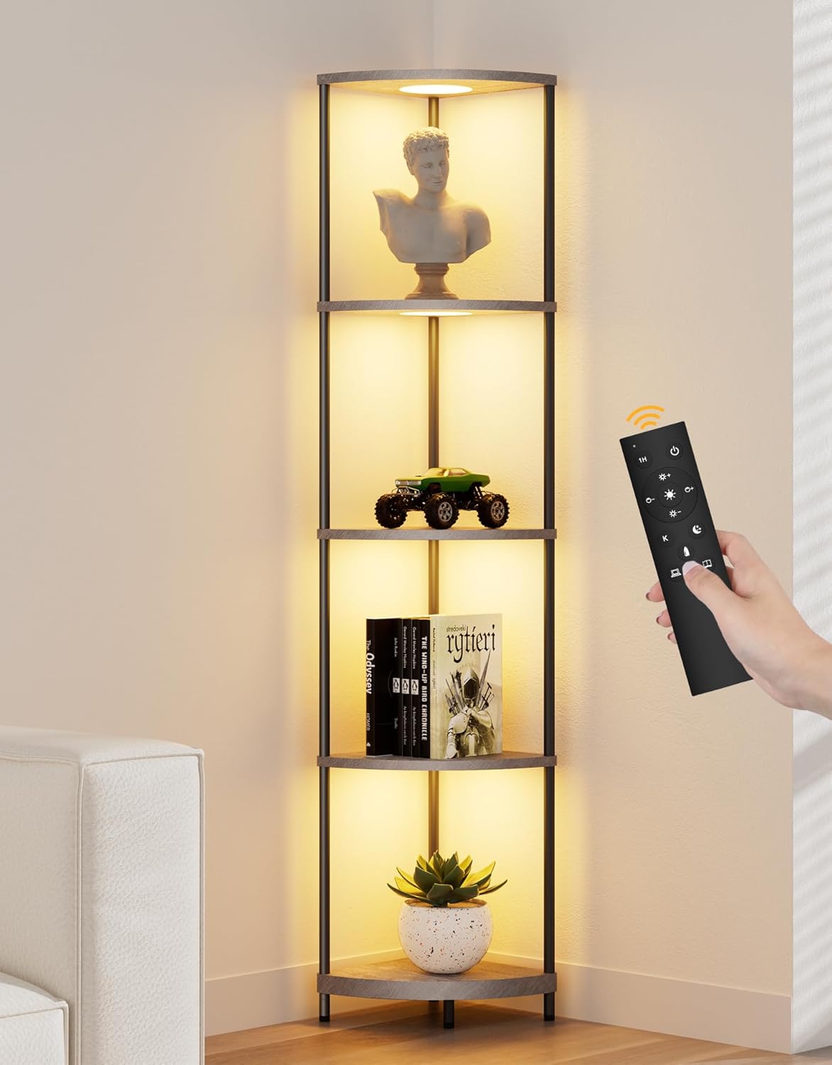 PARTPHONER Corner Shelf with LED Light and Storage