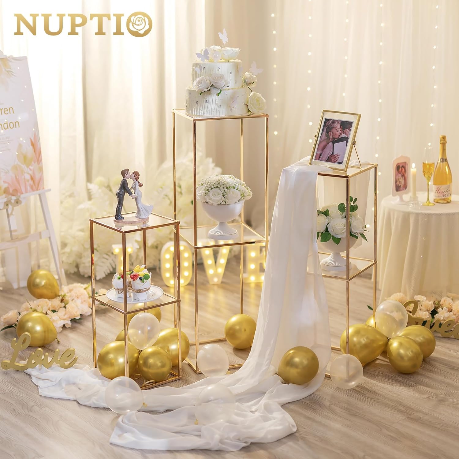 NUPTIO Gold Flower Stand 3 Pcs 2-Layer Tall Pedestal