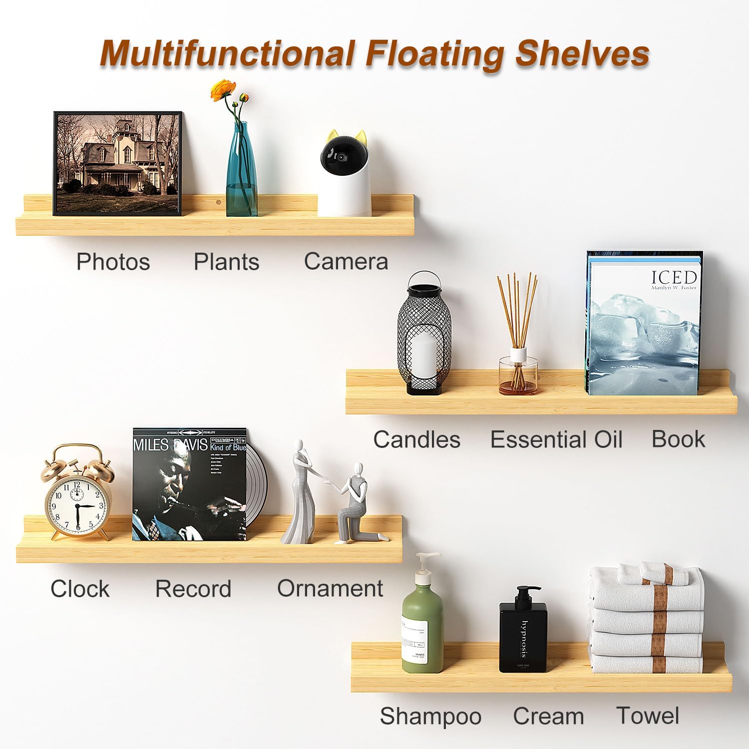 DECKALY Picture Ledge Shelf Set of 4 16 Inch Pine Wood Floating Shelves