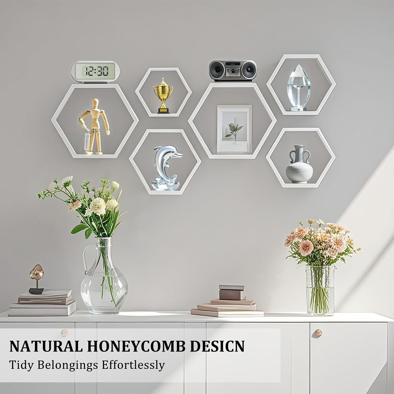 ZGZD Set of 3 White Wooden Hexagon Floating Shelves