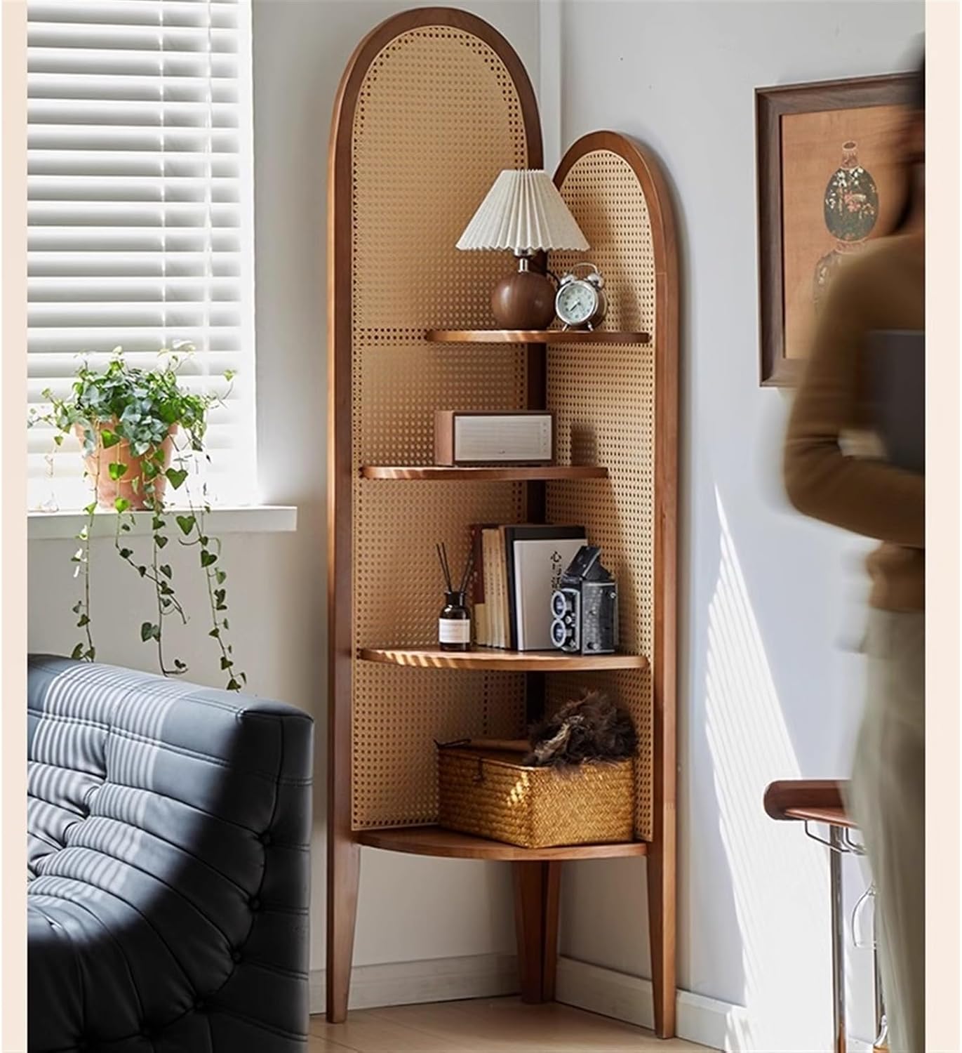Modern Corner Shelf with 4 Tiers and Rattan Weaving Design