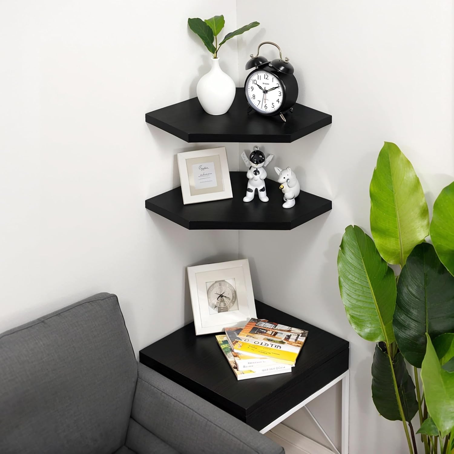 Demigo Floating Corner Shelves Set of 2 Black Acacia Wood