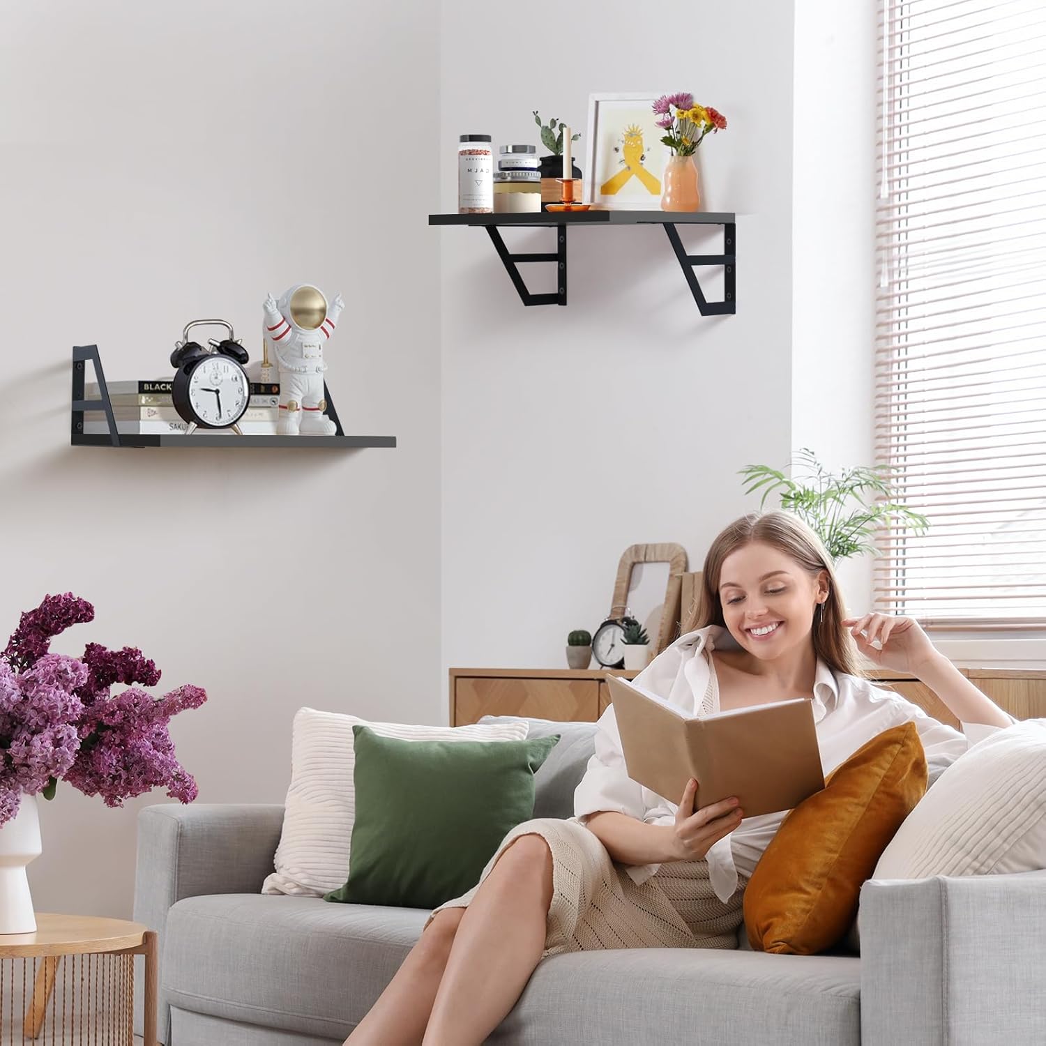 Set of 2 Deep Floating Shelves with Metal Brackets 12 Inches Black