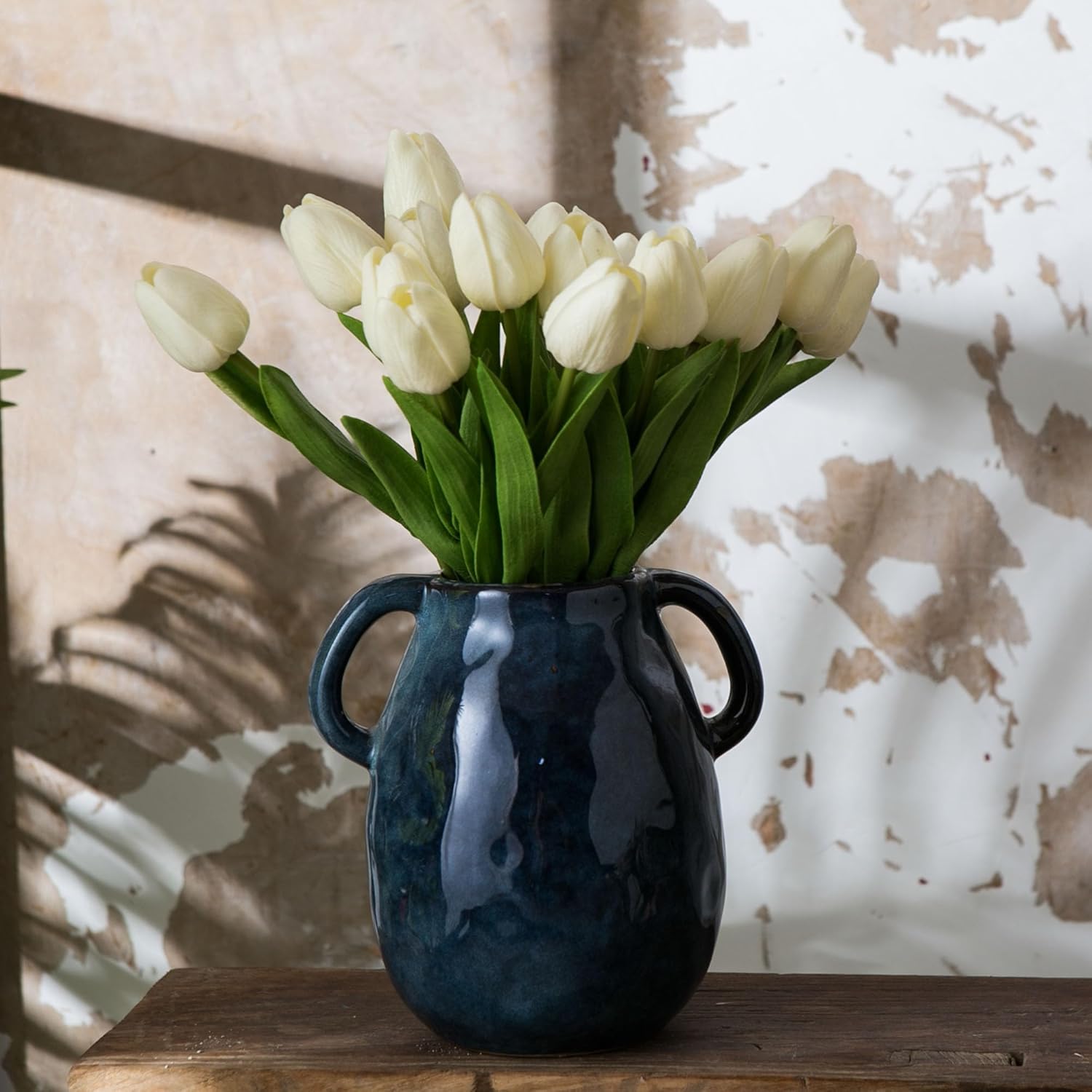 Blue Ceramic Vase with Two Handles for Farmhouse Decor