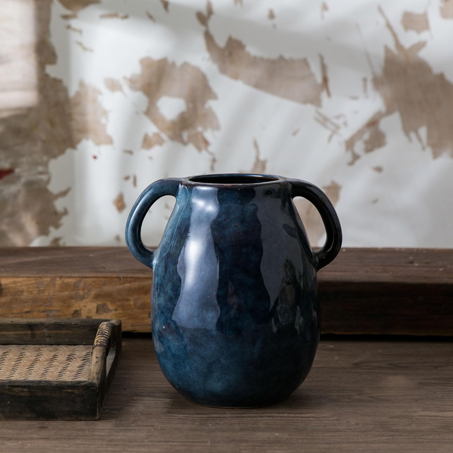 Blue Ceramic Vase with Two Handles for Farmhouse Decor