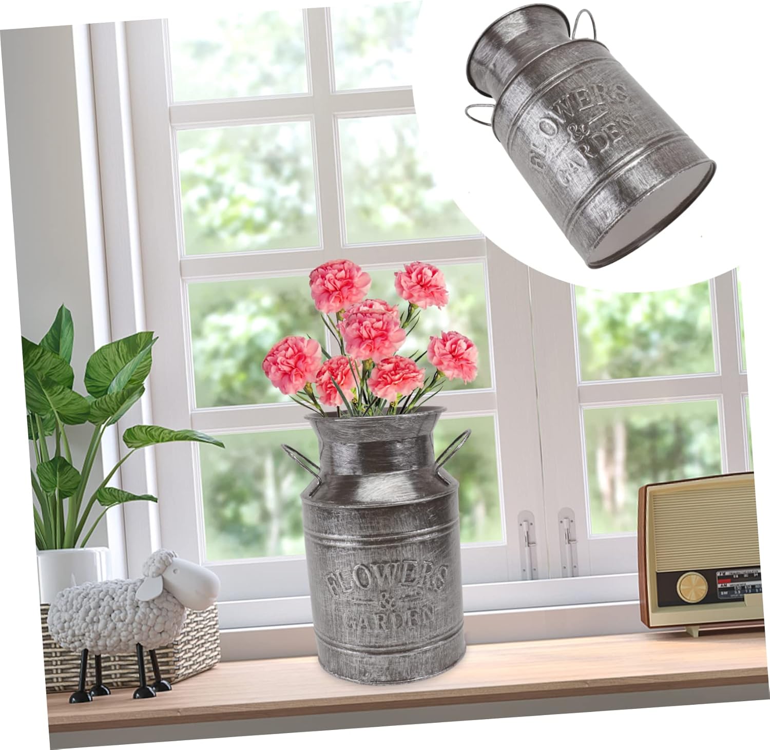 Vintage Iron Sheet Flower Bucket Vase Silver