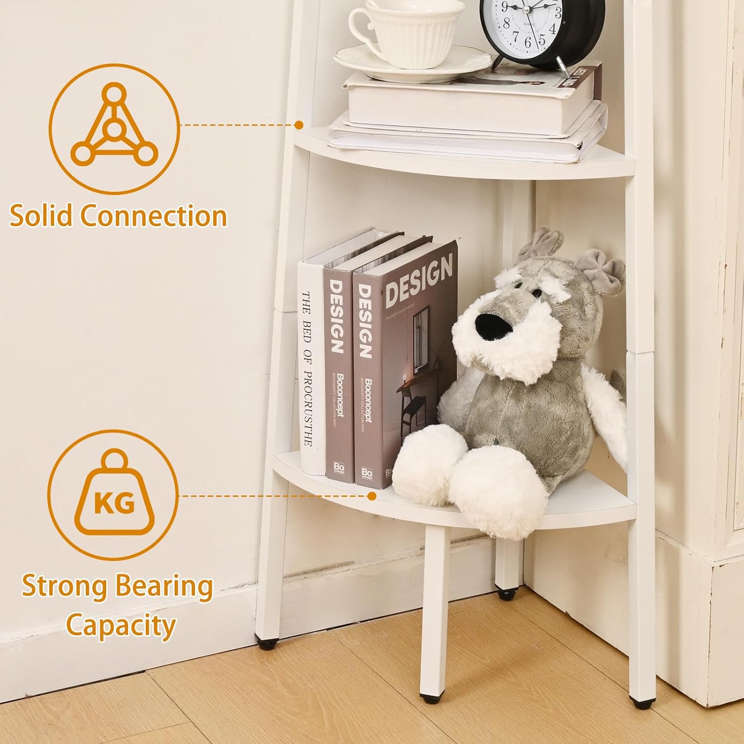 White Corner Shelf with LED Light and Steel Frame