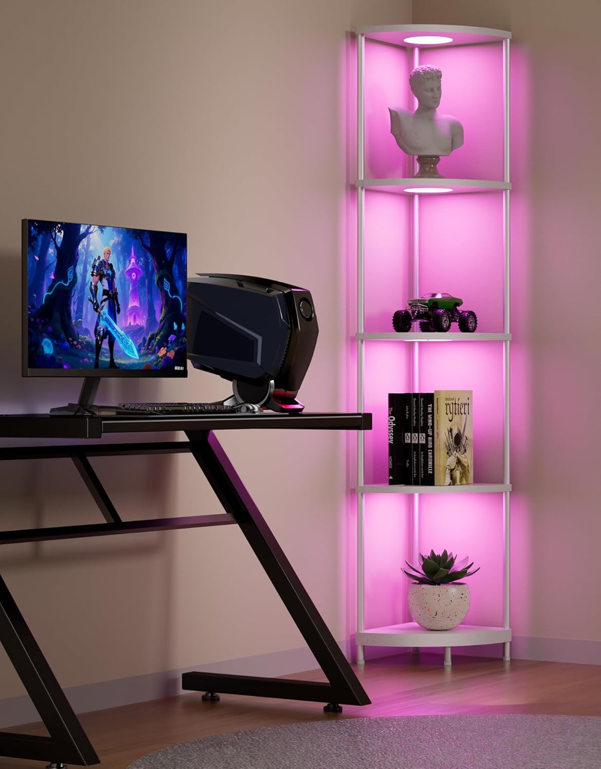 PARTPHONER Corner Shelf with LED Light and Storage 1