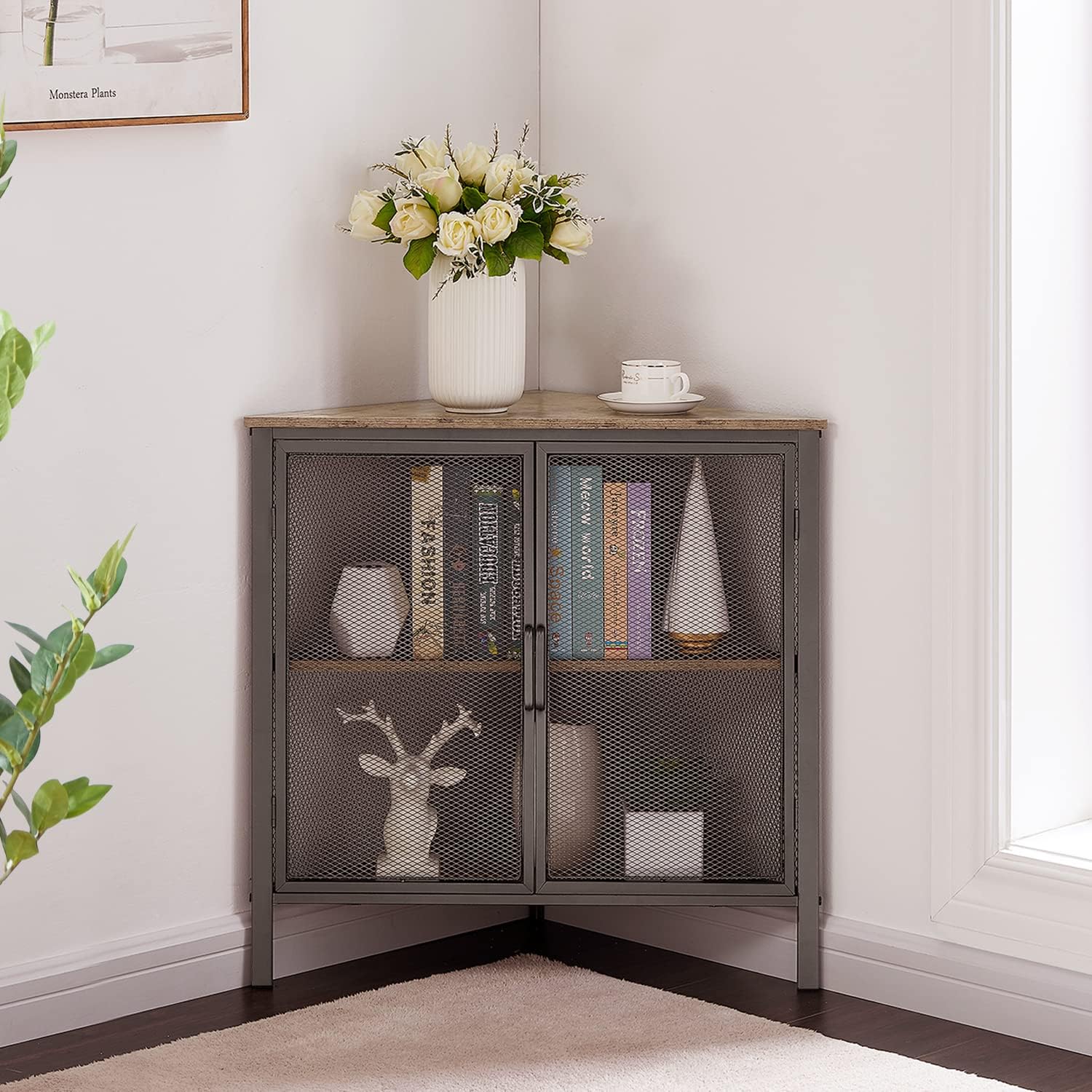 VECELO Corner Cabinet Table with 3-Tier Shelf Grey