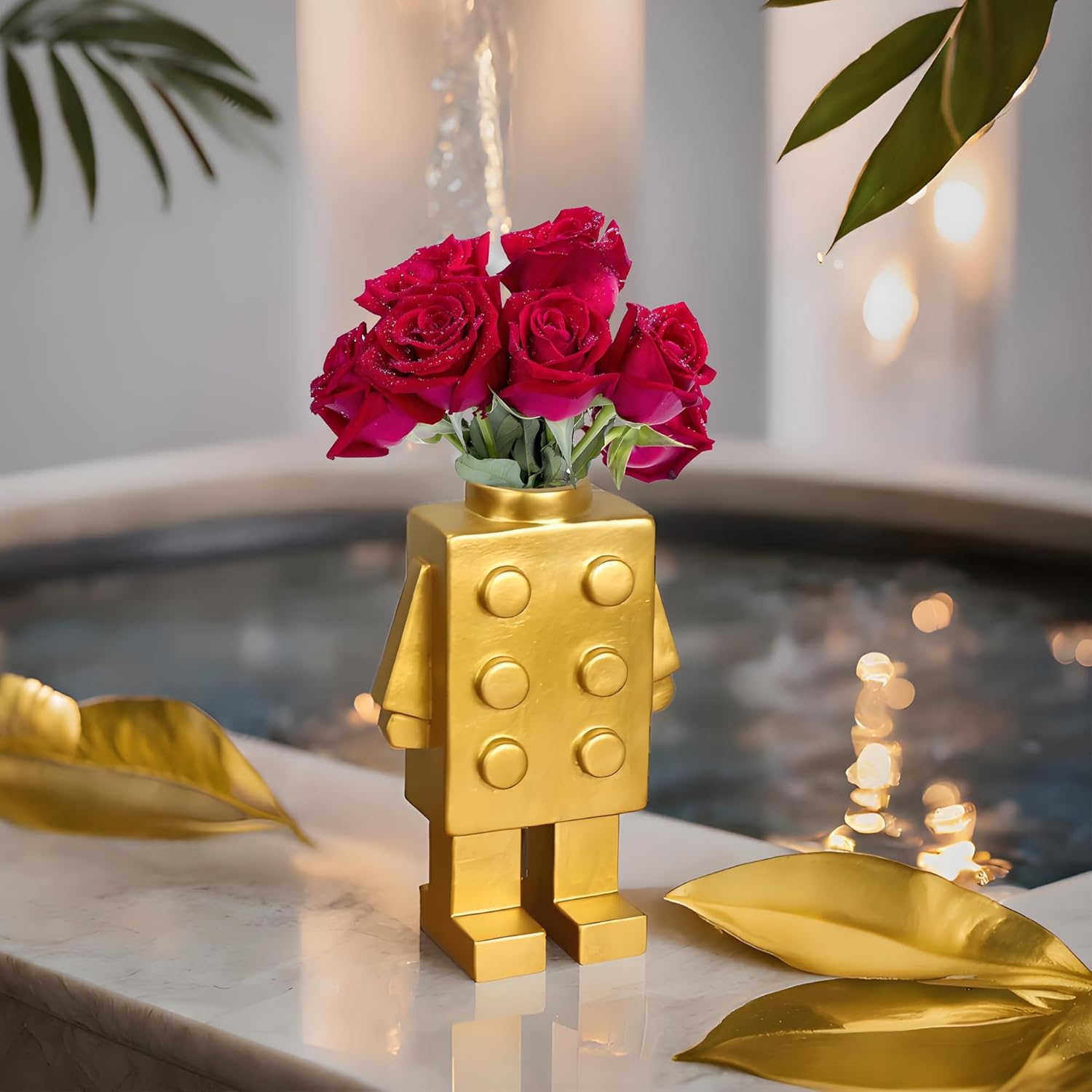 Cute Building Block Vase for Flower Decor in Golden
