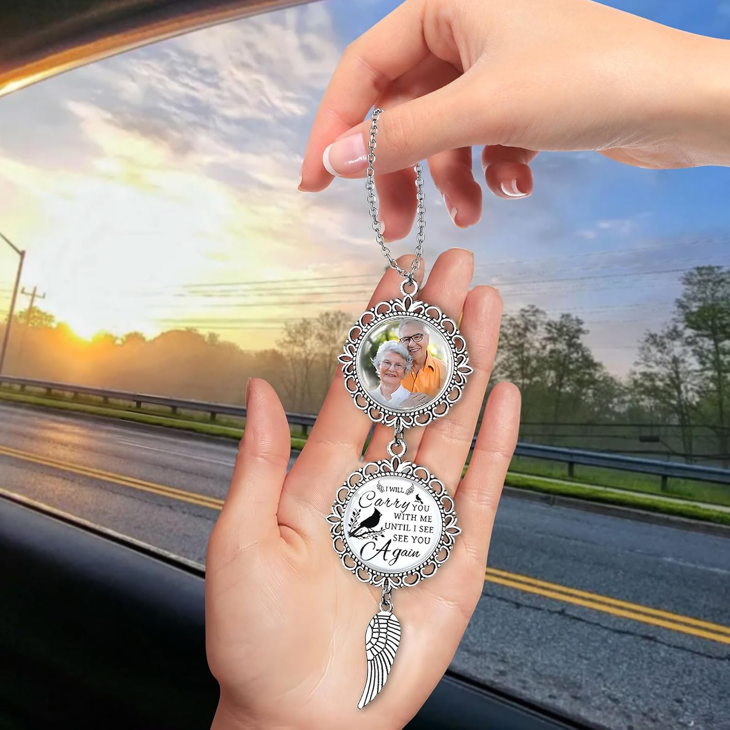 Custom Car Rearview Mirror Angel Charm with Photo Text
