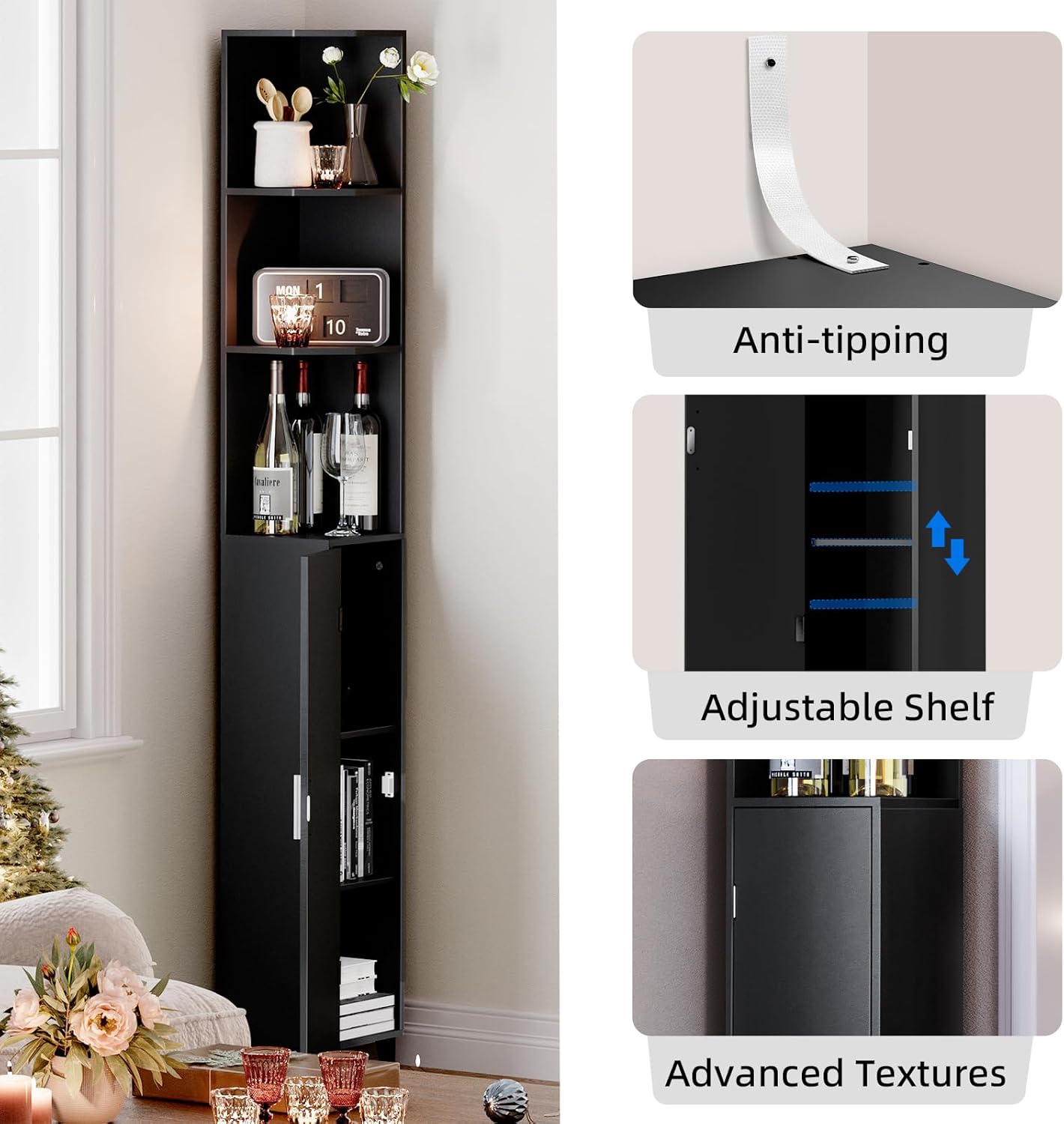 MOHOPE Corner Shelf with Cabinet 5-Tier 748 Tall Black