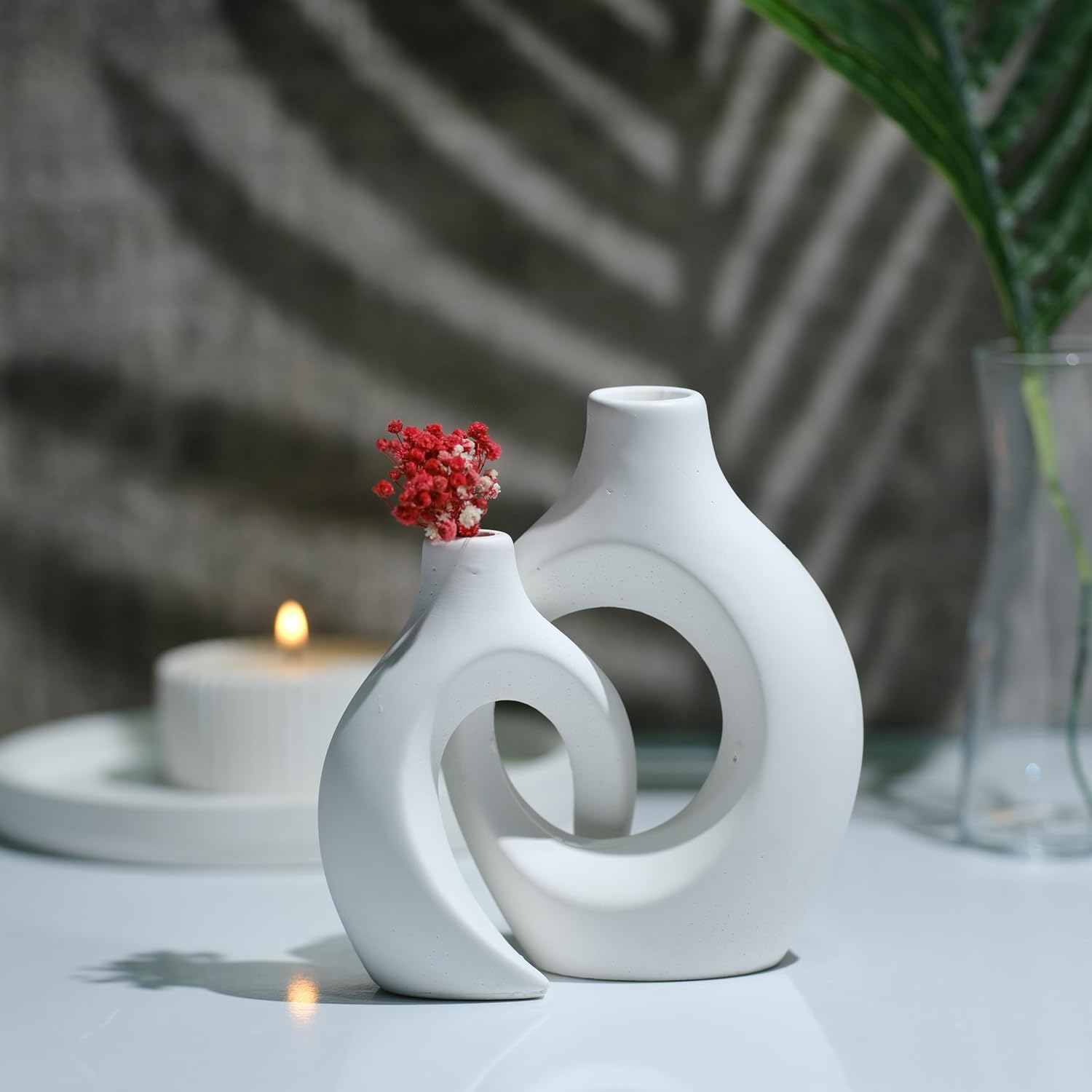 Concrete Floral Vase Set - 3 Piece Modern Minimalist Donut Vases