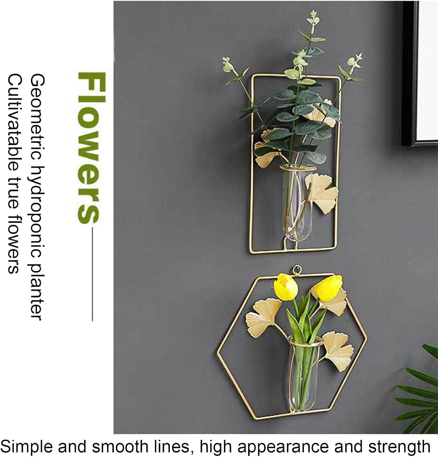 Hanging Gold Wall Decor Glass Vase with Leaf Design