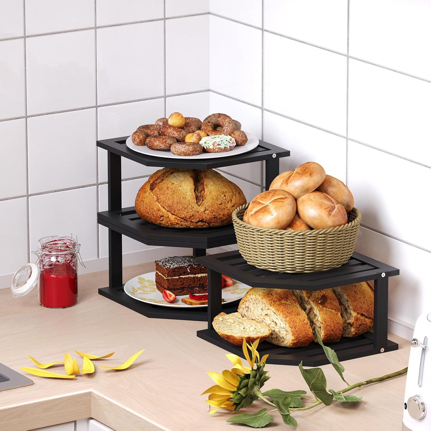 VERTORGAN Bamboo Corner Shelf 3 Pack 2 Tier Organizer Black