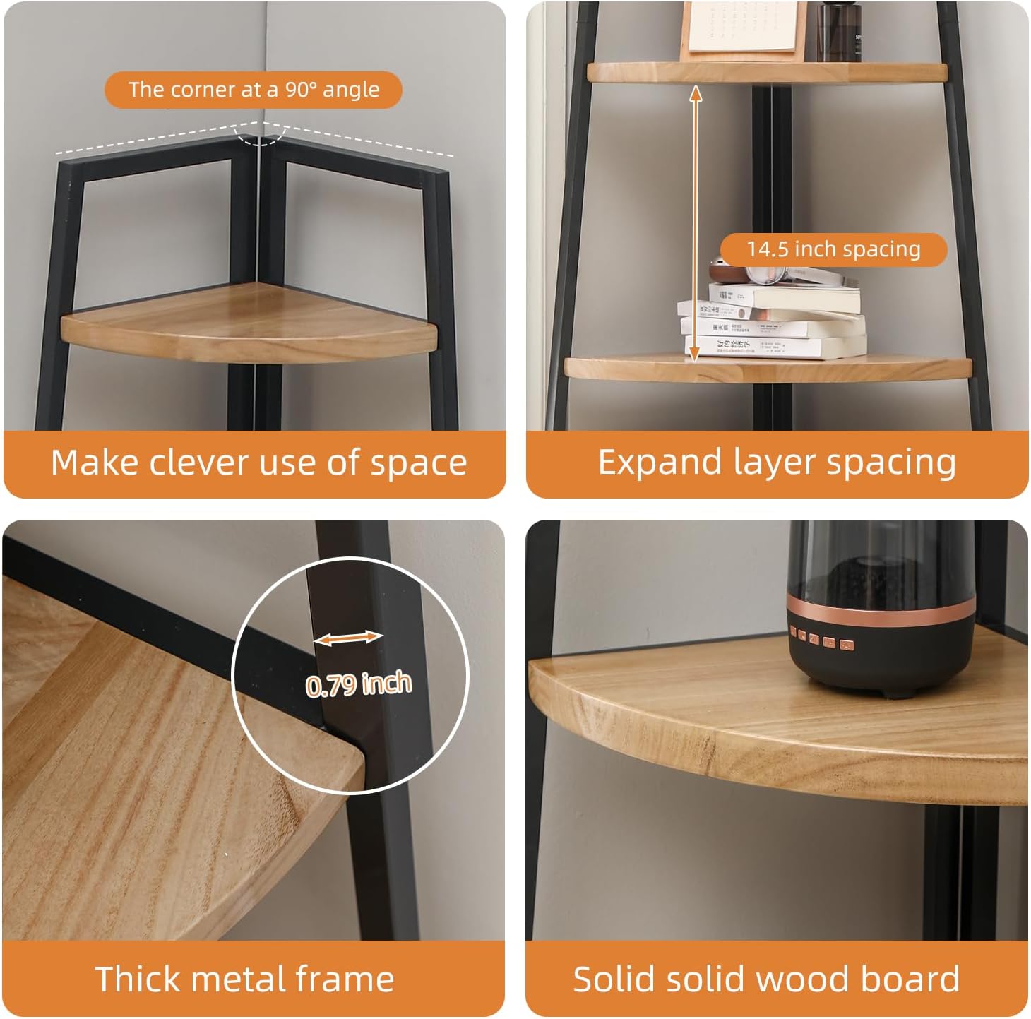 5 Tier Corner Bookshelf Industrial Style Solid Wood Bookcase