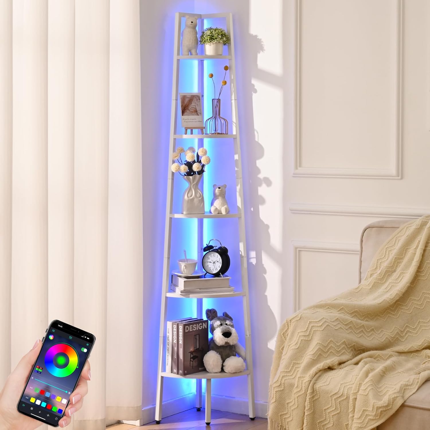 White Corner Shelf with LED Light and Steel Frame
