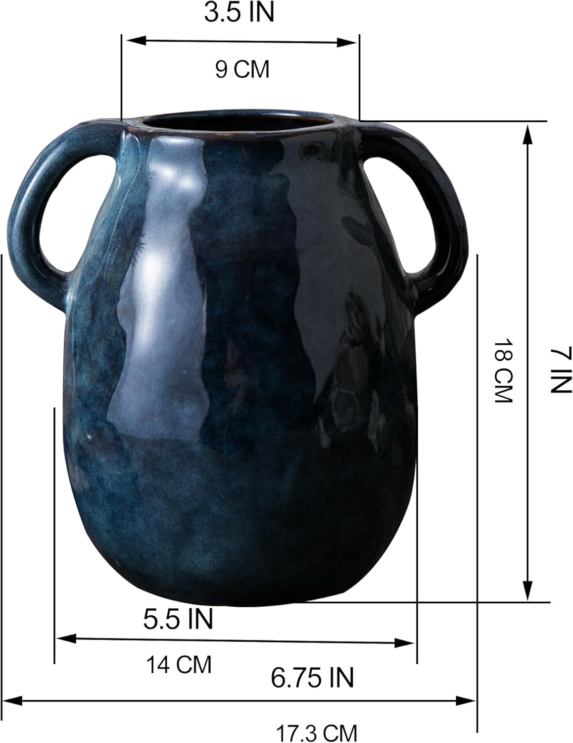 Blue Ceramic Vase with Two Handles for Farmhouse Decor