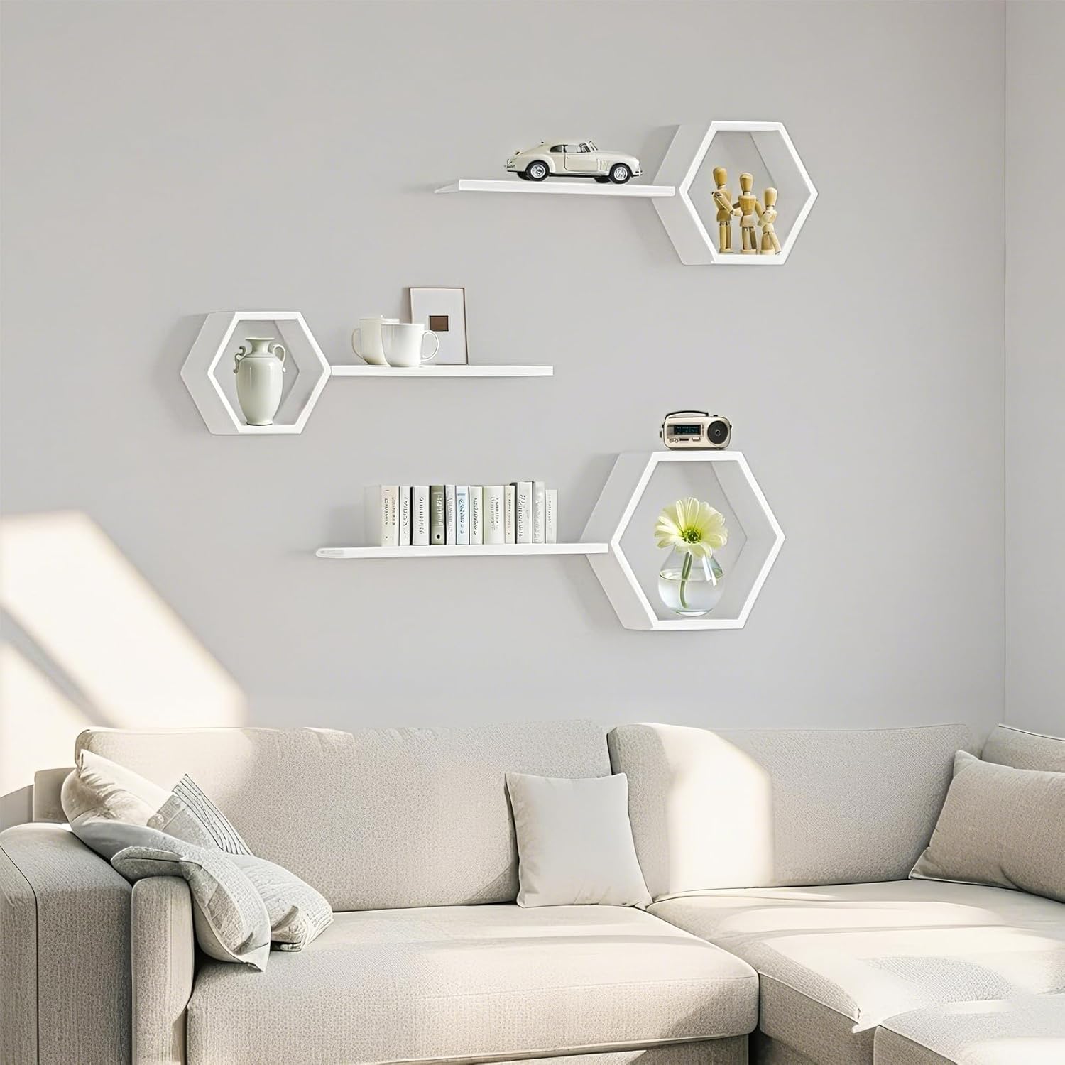ZGZD Set of 3 White Wooden Hexagon Floating Shelves